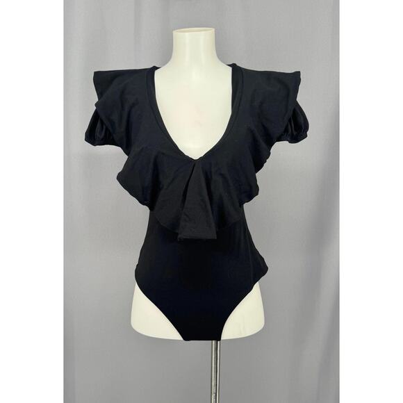 Susana Monaco Tops - Susana Monaco Bodysuit Womens Medium Black Ruffle Deep V Puff Sleeve Made USA
